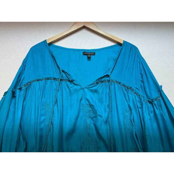 Lane Bryant Womens Boho Peasant Tunic Blouse Size 26/28 Teal Blue Tie Neck - Picture 5 of 11